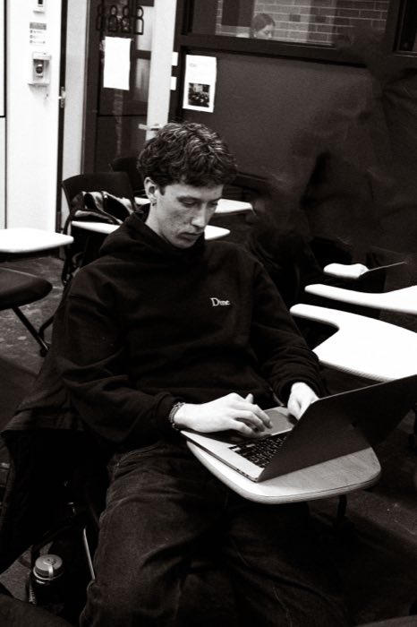 Black-and-white portrait of a student in Montréal