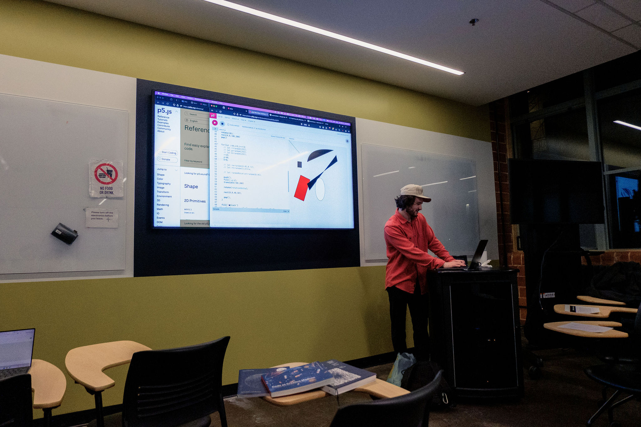 The workshop in progress — live code and the rendered canvas projected side by side