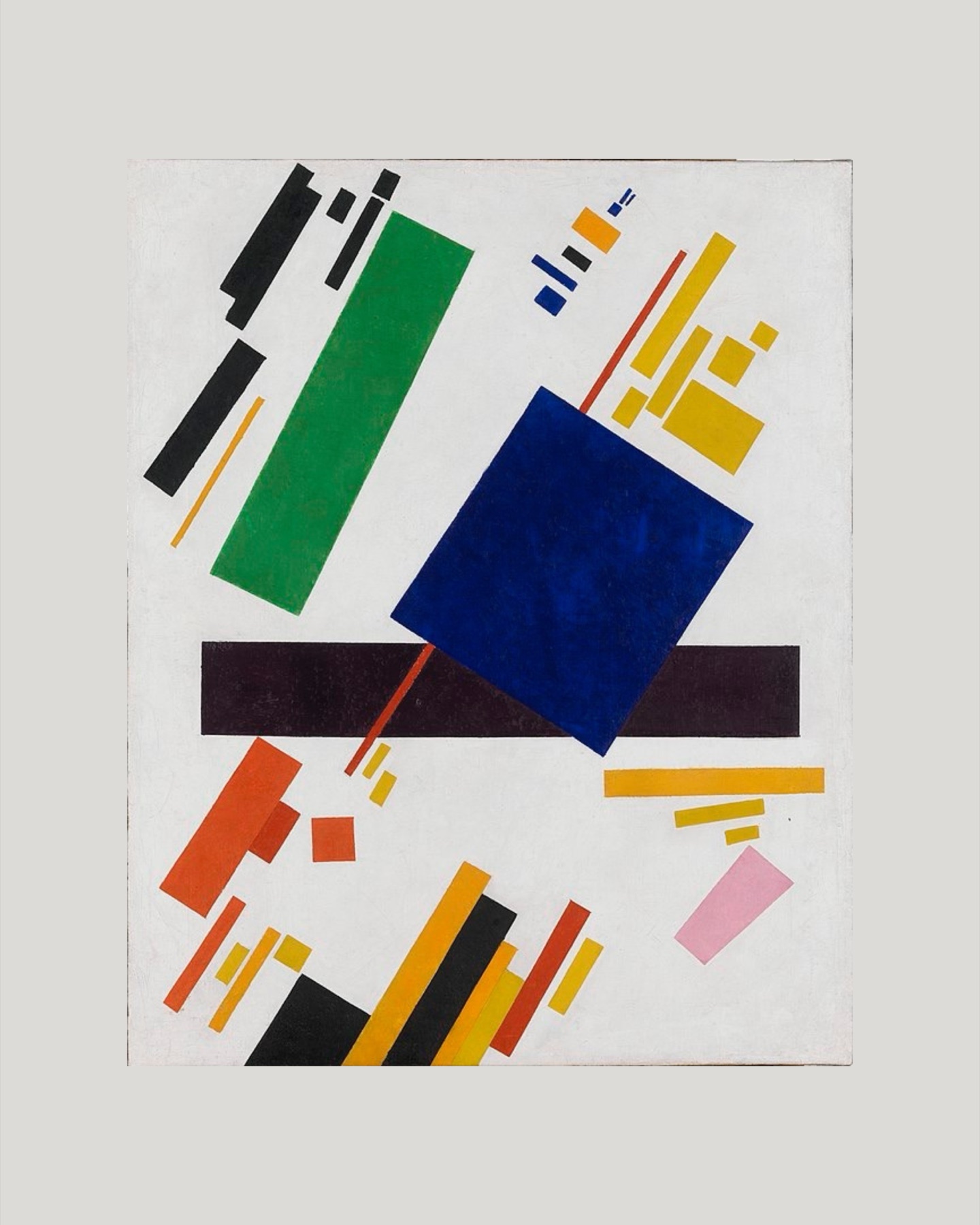 Suprematist painting of geometric colour blocks — green, blue, black, and orange shapes on white — the workshop's visual reference