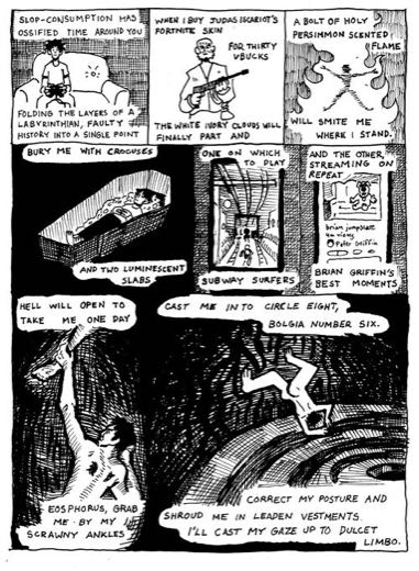 Pen-and-ink comic page of densely cross-hatched panels with coffins, subway cars, and falling figures